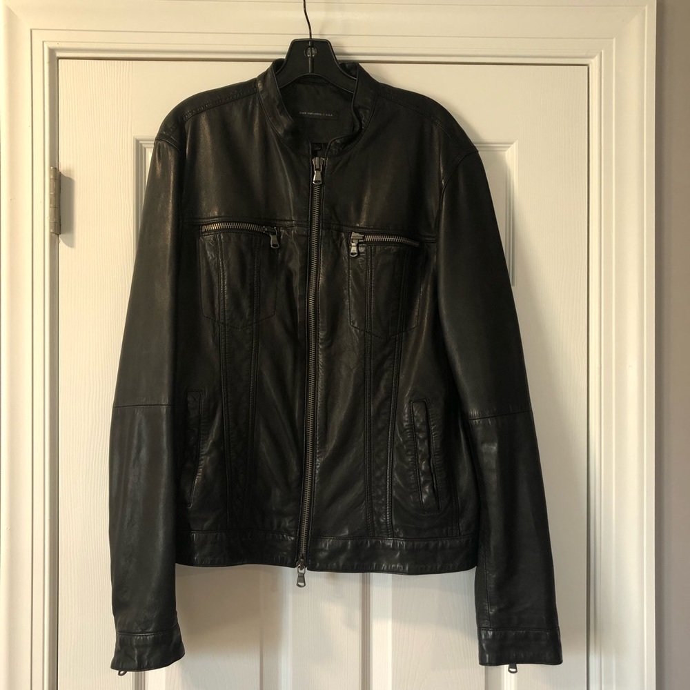 STUNNING John Varvatos Band Collar Leather Bomber Moto Biker Jacket Large